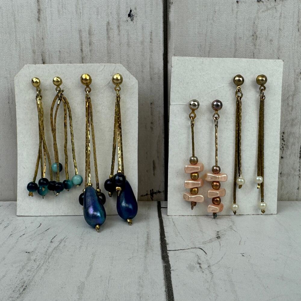 VTG Pink/Blue Beaded Dangle Teardrop Multi-strand, Gold Earring Pearl-like